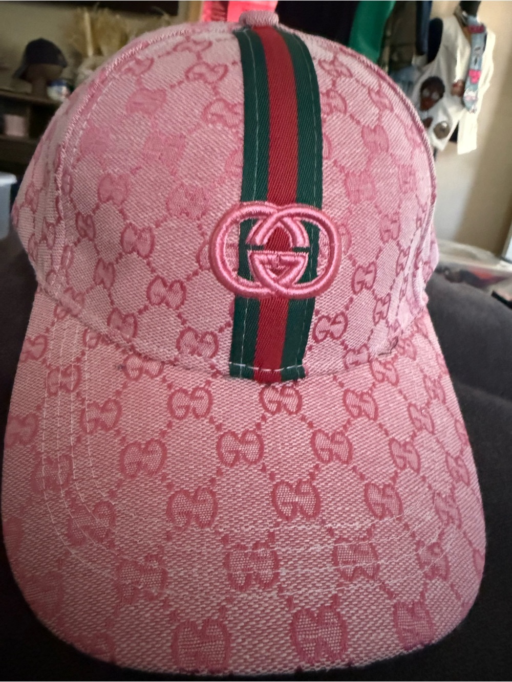 Pink Monogram Baseball Cap with Green and Red Stripe